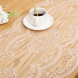 Lace Embroidery Tablecloth, Oval Table Runner, Embroidered, Vintage Flower Pattern Doily, Boho Table Runner for Wedding, Party, Dinner Table Decor, Champagne, 42 x 220 cm