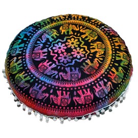 ICC Floor Pillows & Cushions Decorative Hippie Mandala Pouf Pillow Seating Meditation Cushion Bohemian Throw Cover Large Boho Ottoman Case Pillowcase for Couch Round (UP hathi, 32" Round)