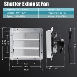 Criditpid 14 Inch Shutter Exhaust Fan, Wall Mounted Vent Fan for Garage, Attic, Greenhouse, Shop, Chicken Coop, 1088 CFM 1450 RPM High-Speed Louvered Exhaust Fan with ON/OFF Switch 1.8M Power Cord Kit