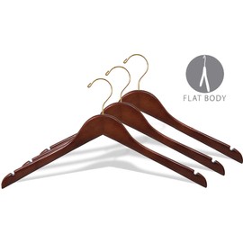 Wooden Top Hanger w/WalnutFinish, Box of 8 Hangers with Brass Swivel Hook and Notches for Hanging Straps, Great for Shirt or Dress