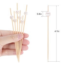 Bamboo Cocktail Picks, 200PCS, with Ivory White Pearl Bead Top, 4.7 Inch, Mini Skewers Picks for Appetizer, Drinks Fruit, Pastry, Dessert, Garnish, Sandwich(200 Pcs)