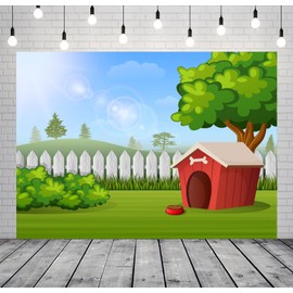 CORFOTO Fabric 5x3ft Outdoor Red Doghouse Backdrop Cartoon Farm Fence Cabin Dog House Background Green Grass Kennel Backdrop for Dog Pets Photography Pet Photo Booth Props Dogs Birthday Banner