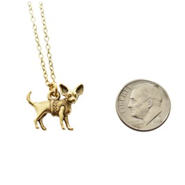 Chihuahua Charm Pendant in 24K Gold Plated Pewter on an 18 Inch Gold Stainless Steel Cable Chain with Two Inch Extender. Chihuahua Necklace.