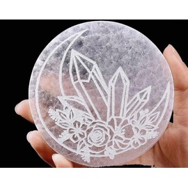 crystalmiracle Selenite Round 3 Inches Engraved Charged Plate Healing Reiki Feng Shui Gift Wellness Handcrafted