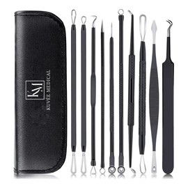 Kuvée Medical Blackhead Remover Kit, 10 Piece Pimple Popping Kit Set with Leather Case, Black -Blackhead Remover Tool, Pimple Popping Kit, Pimple Extractor Tool for Black heads, Acne, Zit, Comdone, Pores, Fat Granules, Blemishs on Nose And Face (Black)