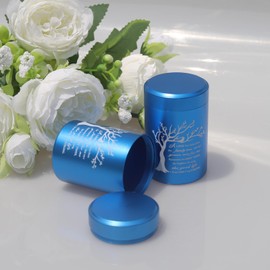 DAIFFUNE Small Urns for Ashes - Set of 4，2.7 inch Aluminium Mini Urns, Cremation Urns for Human/Pet Ashes, Ashes Holder, Small Keepsake urns-A Limb has Fallen from The Family Tree, Blue