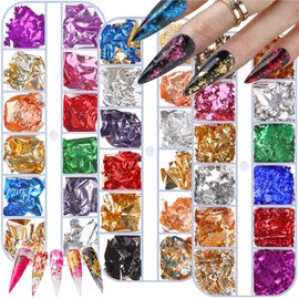 12 Colors Holographic Nail Glitter Foils Flakes Kit, 12 Colors Metallic Gold Silver Sparkly Ultra-Thin Aluminum Foil Nail Art Flakes Design Powder Nail Glitters Sequins for Manicure Craft (7-KIT-7)