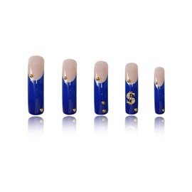 RUOKEXIN Curved Nail Tips,XXL Long Press on Nails French Tip Fake Nails Blue False Nails with Gold Charm Designs Square Nail Press ons Sparkly Artificial Nails for Women 20Pcs
