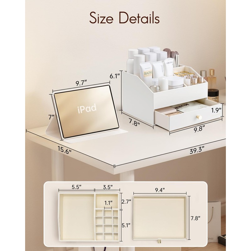Vlando Makeup Organzier,Vanity Organizer with Drawers, PU Leather Skincare Organizer