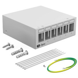 hb-digital 6-Port Patch Panel Housing for Keystone Modules with e.g. RJ45 Socket RJ11 Socket Antenna Connector F-Connector USB-C USB-A BF/AF HDMI Pole Clamp Thread Socket BNZ - Light Grey