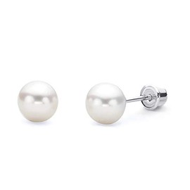 14k REAL White Gold 6mm Freshwater Cultured Pearl Stud Earrings with Screw Back