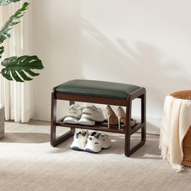 Achicsofar Shoe Rack Entryway Shoe Storage Bench, End of Bed Bench with 2 Tier, 21.6'' Wooden Storage Ottoman Bench with Cushion for Living Room, Bedroom, Hallway (Green)