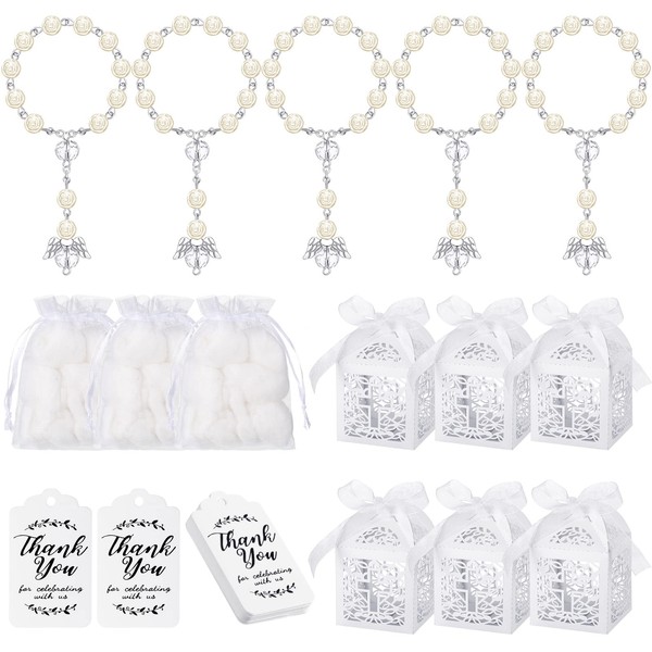 MTLEE 100 Pieces Baptism Rosary Favors Sets Include Mini Small Rosary for Favors Baptism Favors with Angel, Baptism Favor Boxes, Organza Bags, Thank Kraft Tags for Baby Shower Wedding Decor (Silver)