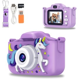 Kids Camera Toy, Kids Digital Camera, 1080P HD Video Kids Selfie Camera with Cute Protective Cover, Christmas Birthday Gifts Toys for 3-12 Years Old Girls and Boys, 32G SD Card, Card Reader Included