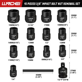 LLNDEI Bolt Extractor Kit, 15PCS Easy Out Stripped Lug Nut Removal Set with 3/8-Inch Drive, Heavy Duty CR-MO Steel with Adapter, Professional Mechanic Tools for Removing Broken Nut and Bolt