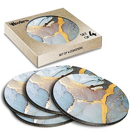 4 x Round Coasters - Ink Art Blue Yellow Art Cork Backed MDF Glossy Tea Coffee Accessory #51229