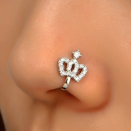 Wendalern Crystal Crown Nose Ring Silver Fake Septum Nose Rings Copper Inlaid Zircon Nose Cuff Tiny U-shaped Clip On Nose Ring Flexible Not Piercing Nose Jewellery for Women