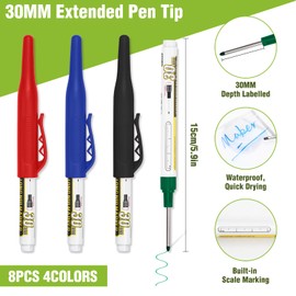 Azureblue 8pcs 30mm Long Nib Marker, Long Head Deep Hole Marker Pens, Waterproof Construction Markers Marking Tool, Multi-Purpose Deep Reach Pen Makes For Metal, Carpenter, Woodworking, 4 Colors