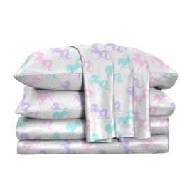 Kids Rule 4-Piece Candy Unicorn Sheet Set | 1 Full Flat Sheet, 1 Full Fitted Sheet & 2 Queen Pillowcases | 100% Softly Brushed Microfiber Polyester | Soft, Smooth & Durable | for Girls | Multicolored