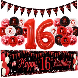 Fangleland 16th Birthday Decorations Red and Black for Boys Girls, Sweet 16 Birthday Supplies with Happy 16th Birthday Yard Banner 9.8 x 1.6ft Foil Balloons Triangle Flag for 16th Birthday Party Decor