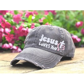 Distinct Headwear Women's Jesus Loves You Hat, Baseball or High Ponytail Cap, Cross Heart Design Embroidered, Christian Religious Spiritual Faith Church Gift Present Love Kind Great God Cute Birthday