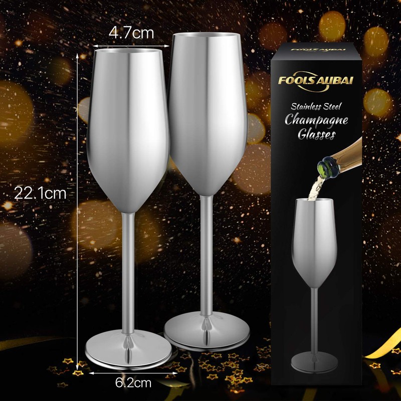FOOLS ALIBAI 2 Pack Stainless Steel Champagne Glasses, 8oz Stemmed