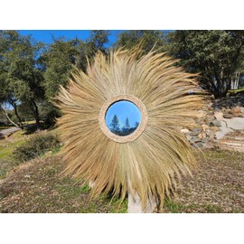 Ohilo Large Natural Rayung Fringed Wall Mirror in Bohemian Style | Natural Tiger Grass Wall Hanging for Home Decor Gift