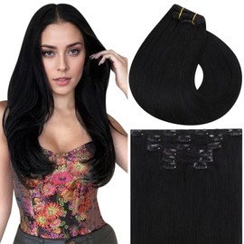 Vivien Hair Extension Clip in Real Human Hair Natural Black Human Hair Extensions Clip in Double Weft Clip in Human Hair Extensions Long Straight 7pcs 130g #1 22 Inch
