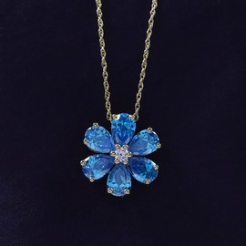 THE JEWEL ZONE Simulated London Blue Topaz & White Sapphire CZ Flower Pendant Necklace in 14K Gold Over Sterling Silver