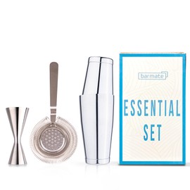 barmate Essential Stainless Steel Boston Shaker, Hawthorne Strainer and Japanese Style Jigger