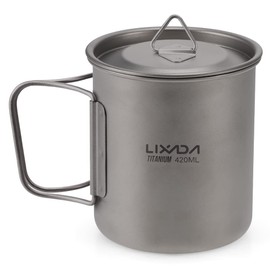 Lixada Titanium Pot Camping Portable Titanium Water Portable Cup with Folding Handle (300 ml, 350 ml, 420 ml, 550 ml, 650 ml, 750 ml, 900 ml, 1600 ml)