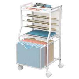 BOHDK Rolling File Cart, 6-Tier Desk File Organizer on Lockable Wheels, White Wood Planks & Mesh Sliding Hanging Folder Drawer, Organization Cart for Office Home School