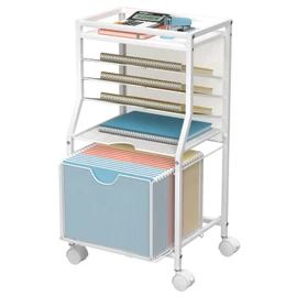 BOHDK Rolling File Cart, 6-Tier Desk File Organizer on Lockable Wheels, White Wood Planks & Mesh Sliding Hanging Folder Drawer, Organization Cart for Office Home School