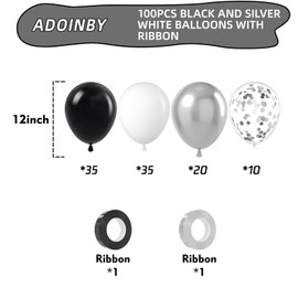 ADOINBY Black and Silver Balloons, 100Pcs 12inch Black White Metallic Chrome Silver Confetti Balloons with 1 Ribbon for Birthday, Baby Shower, Wedding, Graduation Theme Party Decoration