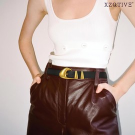 XZQTIVE Women's Leather Belts for Jeans Dress Pants Black Brown Belts for Women Ladies Waist Belts with Gold Buckle