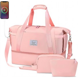 Gym Bag for Women, Sports Travel Duffel Bag with USB Charging Port, Weekender Bag Carry on Bag with Wet Pocket and Shoes Compartment, Overnight Bag Waterproof Luggage Bag Expandable