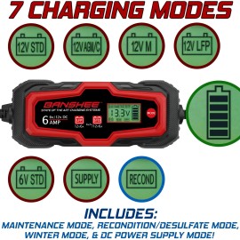 Banshee 6A Smart Car Battery Charger, 6V and 12V Automotive Charger, Maintainer, Trickle