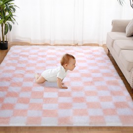 Super Soft Rug for Bedroom, 3x5 Ft Pink and White Area Rug Classic Checkered Shaggy Anti-Skid High Pile Soft Fluffy Rug Fuzzy Carpet for Living Room Bedroom Kids Room Nursery, Dorm Home Decor