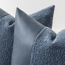 SINYASAN Set of 2 Fluffy Boucle Pillow Covers 20"x20", Demin Blue Textured Throw Pillow Covers with Faux Leather Accents, Boho Decorative Pillow Cases for Couch, Bed, or Farmhouse Home Decor