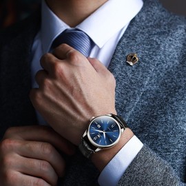 OLEVS Mens Watches Black Leather Band Minimalist Men's Wrist Watches Silver Blue Dress Watches for Men Waterproof Big Face Watch for Men Fashion Quartz with Date Man Watch relojes para Hombres