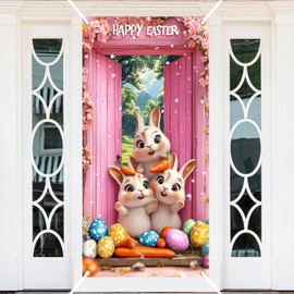 Ticuenicoa Happy Easter Door Cover Banner, Cute Bunny and Carrot at Pink Door for Easter Door Decoration,Easter Party Supplies Banner Hanging Backdrop Sign for Home and Outdoor, 72x35 Inches