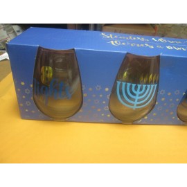 TMD Hanukkah Stemless Wine Glasses Set Of 4 (2 -8 Lights & 2 Menorahs) New
