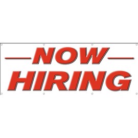 DPSBanners Now Hiring Banner Sign Indoor Outdoor HeavyDuty 13 oz Vinyl Banners NonFabric SingleSided Hemmed with Metal Grommets Help Wanted Apply Inside 36x96 inches 3x8 Feet, Red, Black, White