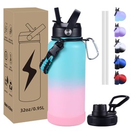 CoolSub Insulated Water Bottle, 32 oz Stainless Steel Wide Mouth Water Bottles with 2 Leak Proof Lid and Paracord Handle, Double Wall Vacuum Insulated Sports Water Bottle, Teal Pink