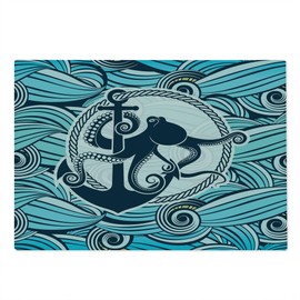 Ambesonne Octopus Cutting Board, Octopus Against the Background Sea Waves Nautical Design, Decorative Tempered Glass Cutting and Serving Board, Large Size, Multicolor