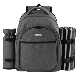 apollo walker Picnic Backpack Bag for 2 Person with Cooler Compartment, Detachable Bottle/Wine Holder, Fleece Blanket, Plates and Cutlery Set (2Person,Grey)