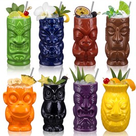 Yungyan 8 Pcs Ceramic Tiki Mugs for Cocktails Tiki Cups for Party Hawaiian Cups Tropical Drinkware for Luau Exotic Party Barware Home Bar Decoration (Mixed Styles)