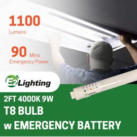 E2 LIGHTING LED Emergency T8 Tube, 2FT-9W, with Integrated Battery Backup (4000K)