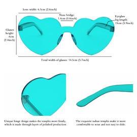 JFTOWN 12 Pairs Heart Shape Rimless Valentines Sunglasses Candy Color Frameless One Piece Love Glasses for Women Party Favor (Bright Cyan)