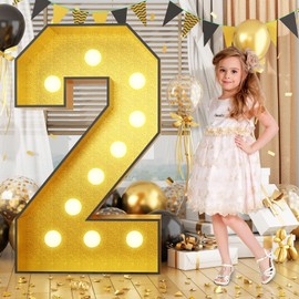 4FT Marquee 2 Numbers, Light Up Numbers 2 Mosaic Numbers Glitter Gold Black Light Up Letter Pre-Cut Foam Board Sign Marquee for Birthday Party Decorations, Wedding, DIY Anniversaries